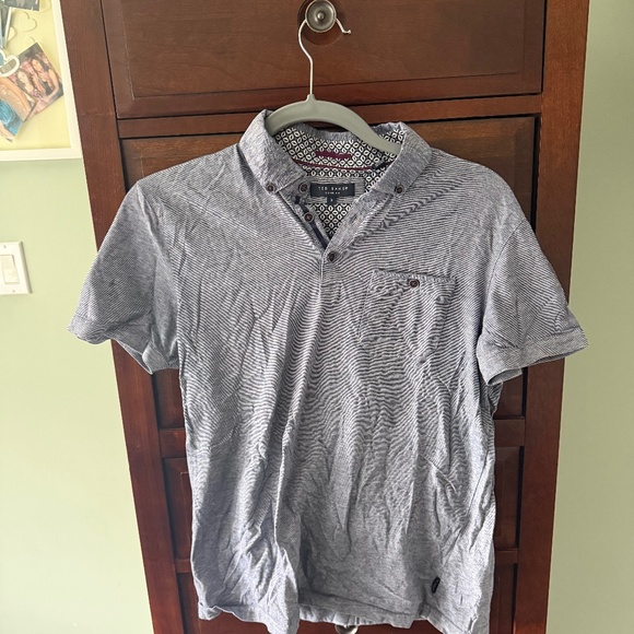 Ted Baker Men’s Polo Shirt – Dark Blue with Fine White Horizontal Stripes - Picture 1 of 3